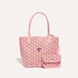 Goyard Mini Anjou Reversible Tote In Goyardine Calfskin with Exclusive Kaki Logo Pink